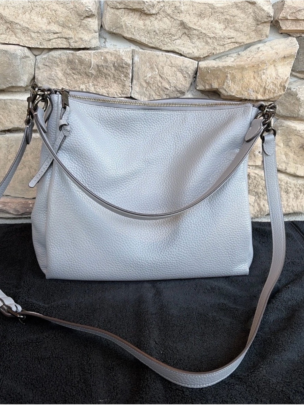 Coach Pebbled Light Gray Leather Shoulder Bag with Detachable Strap